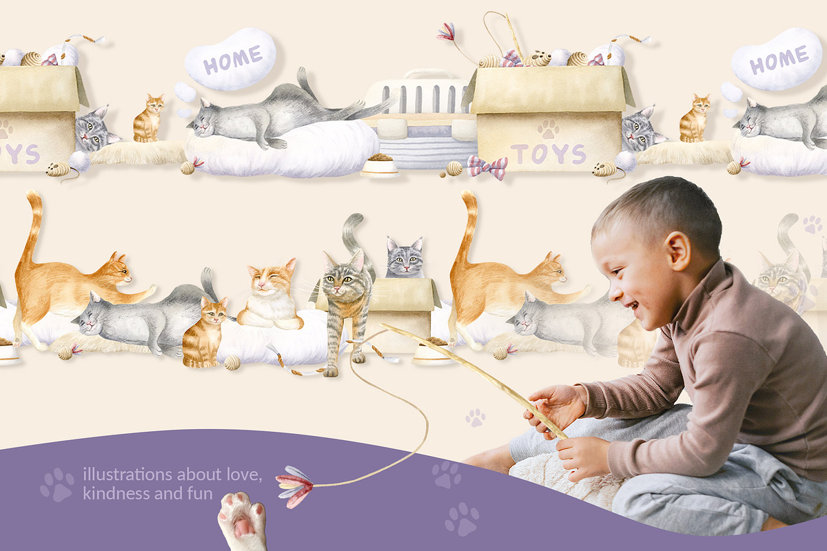 Cats Funny Toys Watercolor Clip art, an Animal Illustration by Elena Malgina Clipart (Photo 13 of 19)
