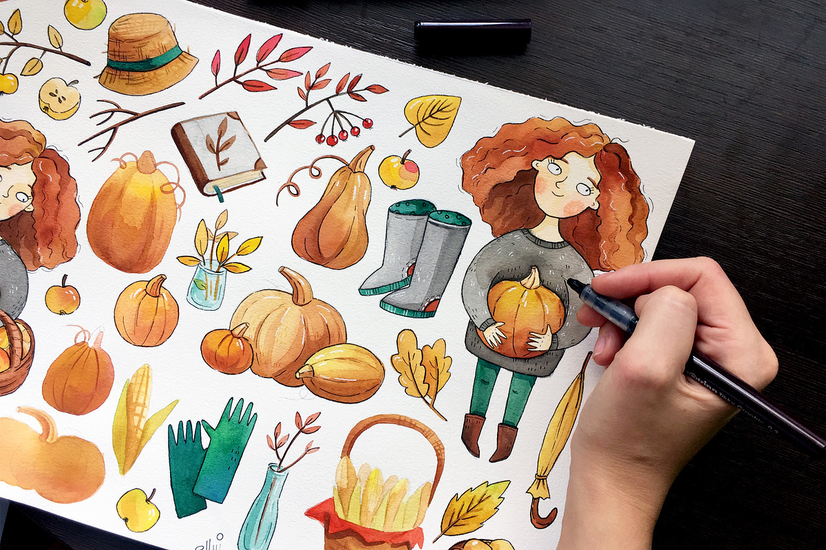 Autumn Girl watercolor clipart set, an Illustration by Ekaterina Goncharova (Photo 4 of 4)