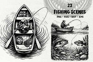 Fishing Scenes Engraving Graphics, a Sport Illustration by DENIDigitalArtSudio