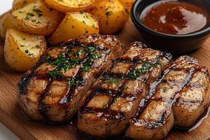 Sliced grilled meat steak with sauce, a Food & Drink Photo by Pixeness Studio