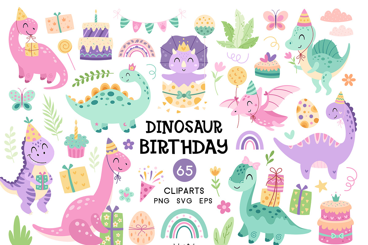 Dinosaur Birthday Girl Clipart, an Animal Illustration by JulzaArt (Photo 1 of 6)