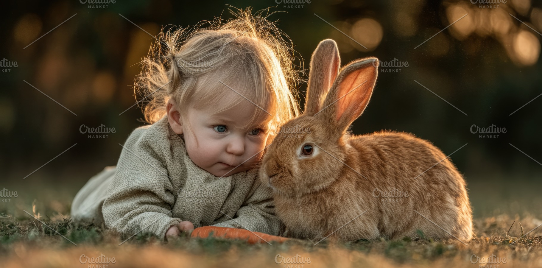 Adorable toddler girl lying on grass with cute brown rabbit at s, a Nature Photo by José Manuel Gelpi