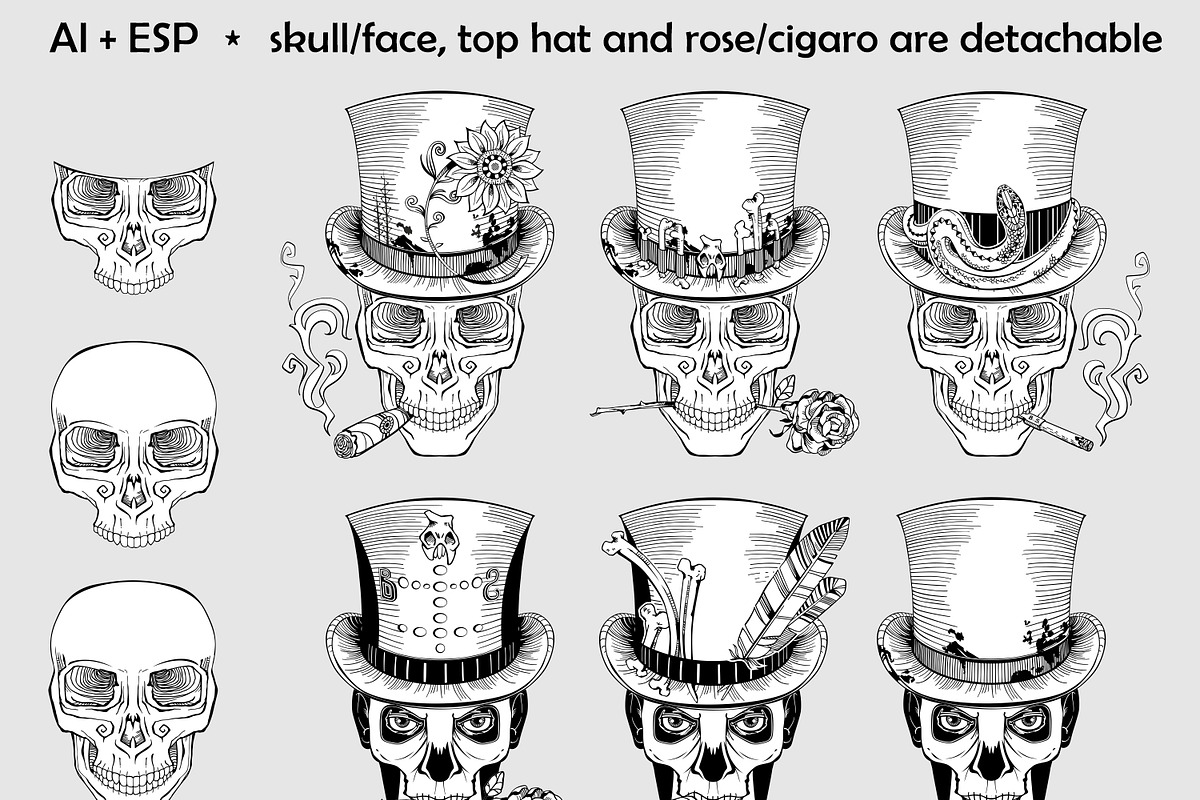Set of skulls in top-hat|Vector, a Decorative Illustration by Red Spruce's Vector Shop (Photo 3 of 4)
