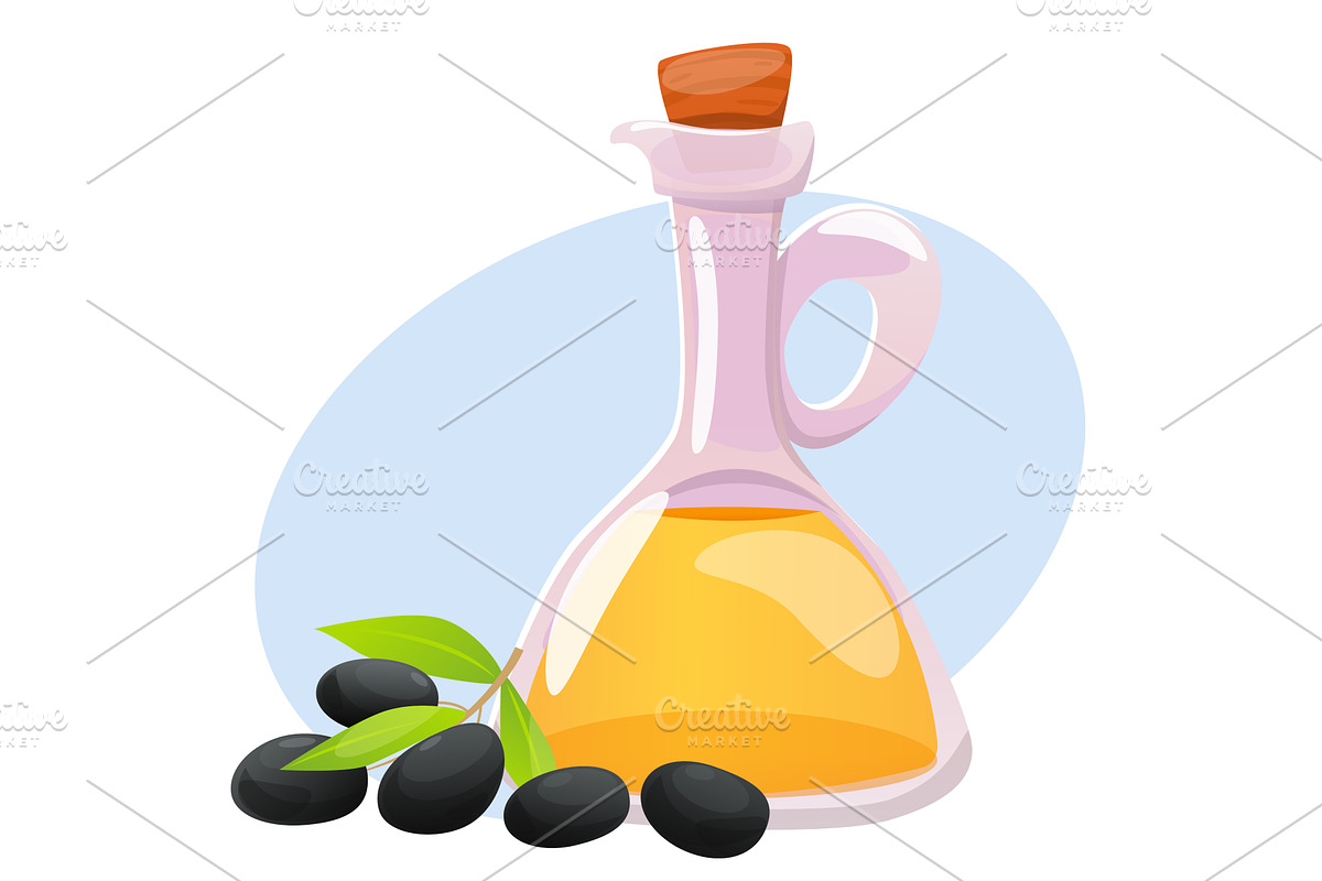 Olive oil in glass jar next to sprig, a Food Illustration by Vectorbuum
