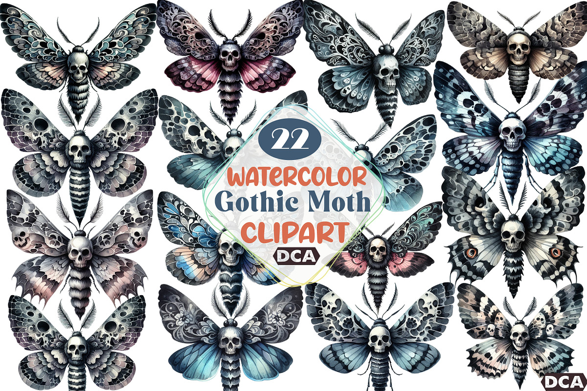 Watercolor Gothic Moth Clipart, an Illustration by DreamCafeArt (Photo 1 of 7)