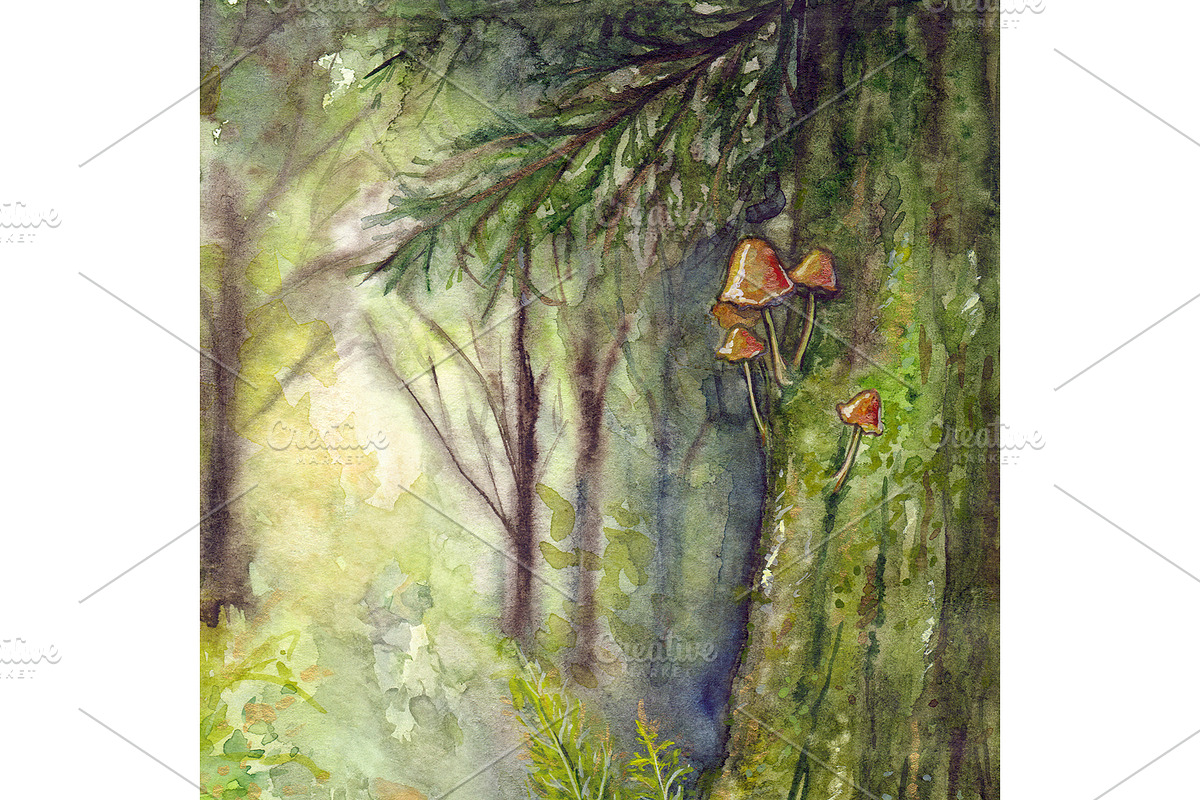 Mushrooms on tree wood forest art, an Object Illustration by Art By Silmairel