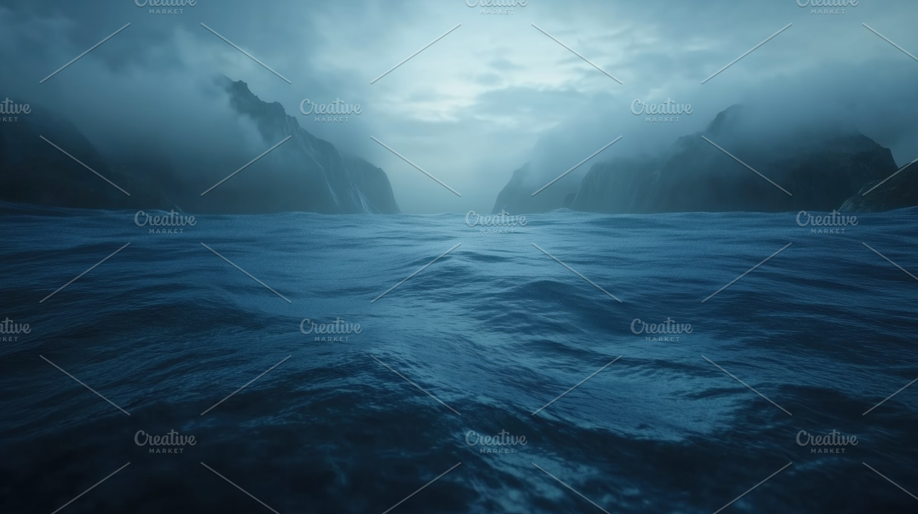 A serene seascape with calm waters reflecting a moody sky. Misty mountains fram, a Photo by Textures & Backgrounds