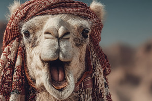 Funny camel yawning in the desert with a headscarf, an expressive close-up port, a Photo by AS photostudio