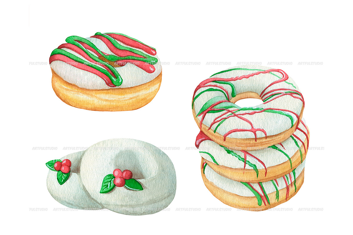 Watercolor Christmas donuts clipart, a Food Illustration by ArtfulStudio (Photo 3 of 7)
