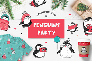 Cute penguin icons, Christmas cards, an Illustration by Marish