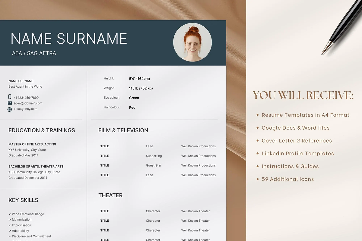 Actor Resume Template with Headshot, a Resume Template by OkiDocs Resume Templates (Photo 8 of 11)