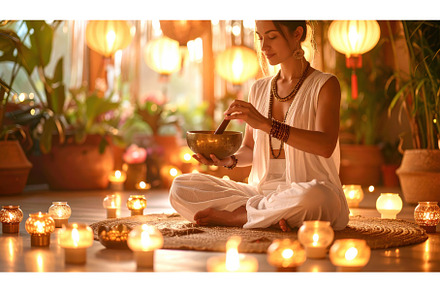 Woman meditating with singing bowl