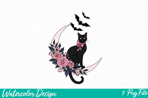 Pink Coquette Black Cat PNG Design, an Illustration by Watercolor design