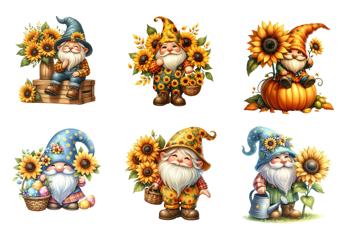 Watercolor Sunflower Gnomes Clipart, an Illustration by CreationArt (Photo 3 of 5)