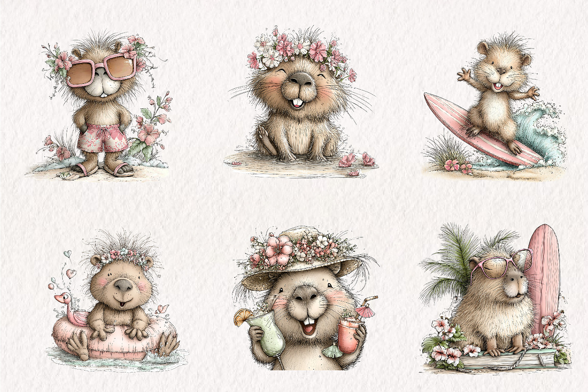 Whimsical Summer Capybara Clipart, an Illustration by CreationArt (Photo 6 of 7)