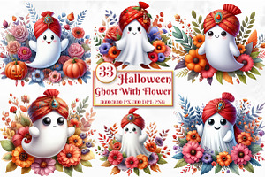 Halloween Ghost With Flower Clipart, a Seasonal Illustration by Craft Nest