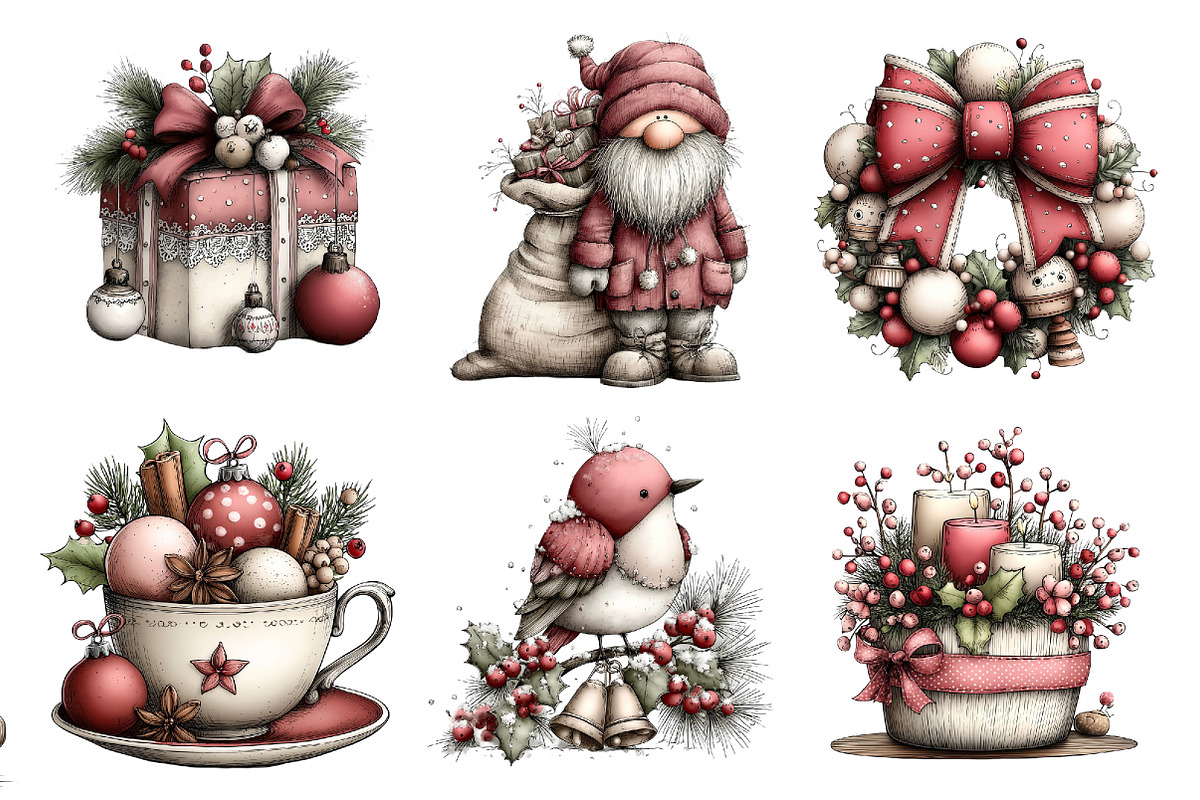 Watercolor Vintage Christmas Clipart, a Seasonal Illustration by Creative Art (Photo 2 of 7)