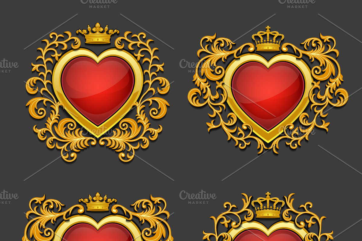 Set of golden hearts. Coat of arms., a Decorative Illustration by Absent A