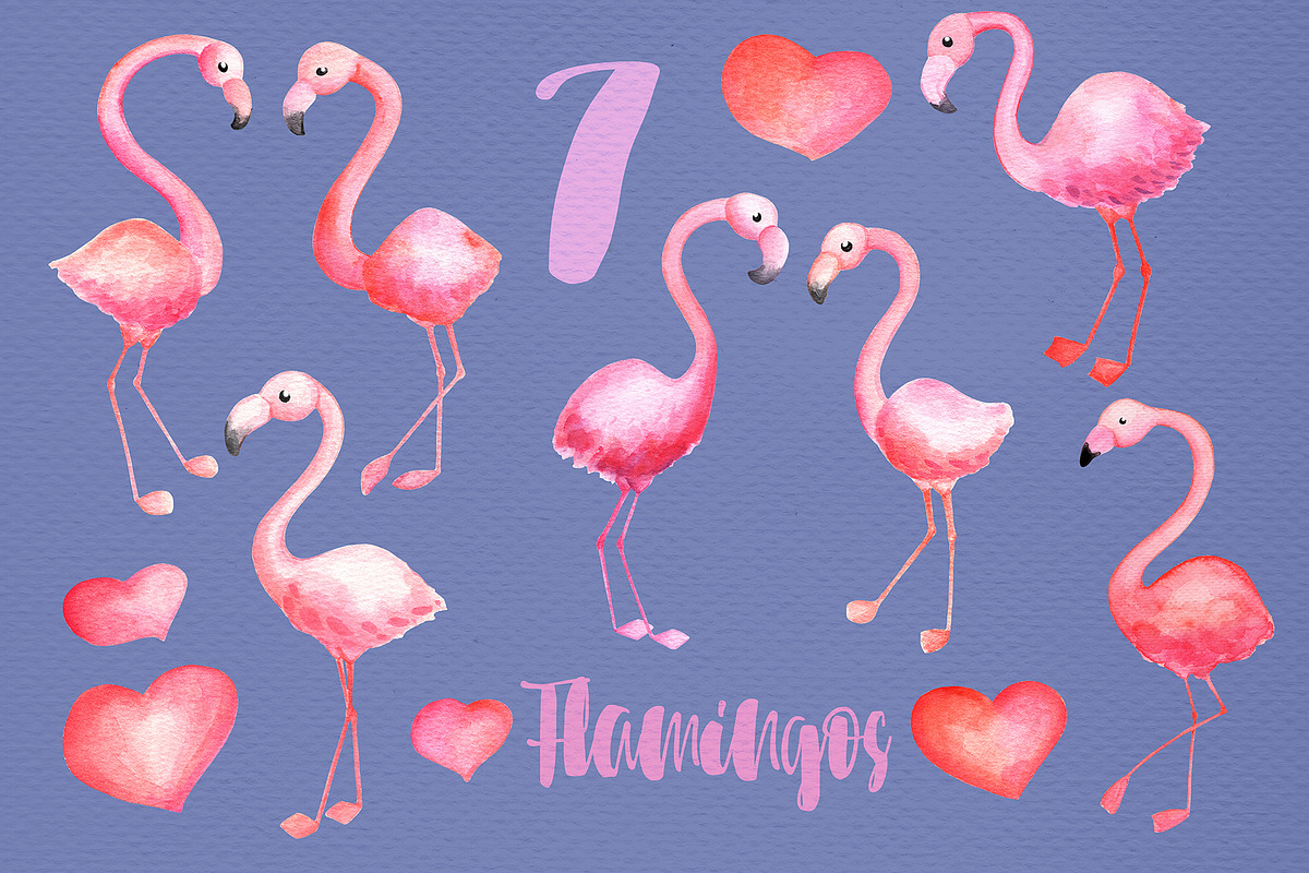 Pink Flamingo And Hearts Watercolor, an Illustration by RabbitAndPencil (Photo 2 of 4)