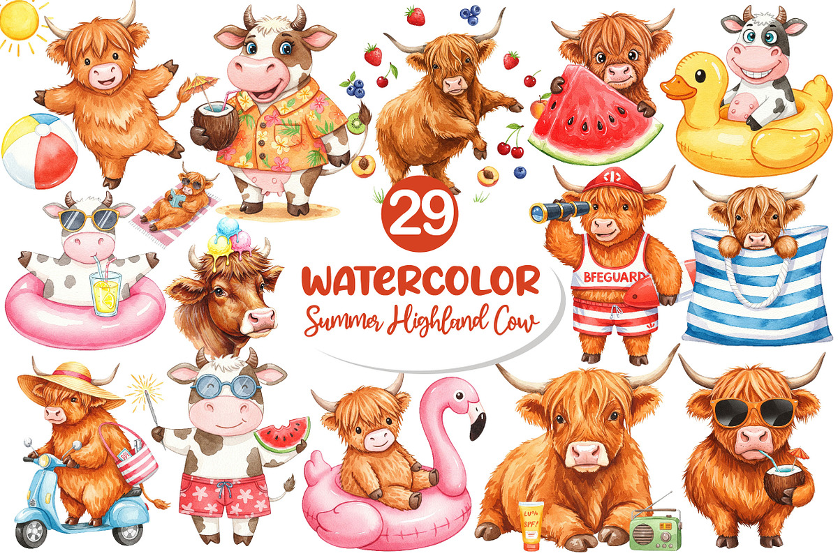 Funny Summer Highland Cow Clipart, an Illustration by Dream Creation (Photo 1 of 4)