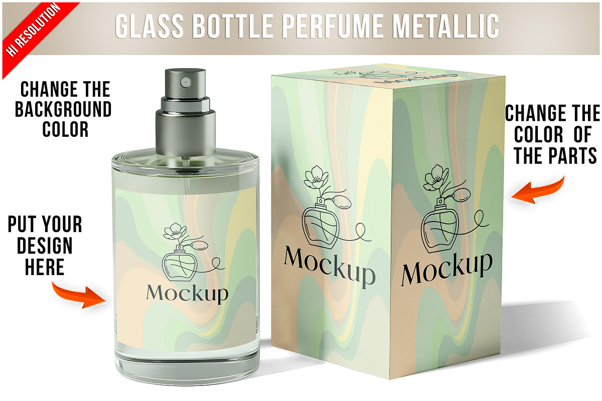 Glass Bottle Perfume Metallic At PSD, a Product Mockup by Bruno's Shop (Photo 1 of 4)