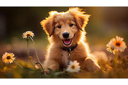 pet dog with flower ai generated, an Animal Photo by pikepicture
