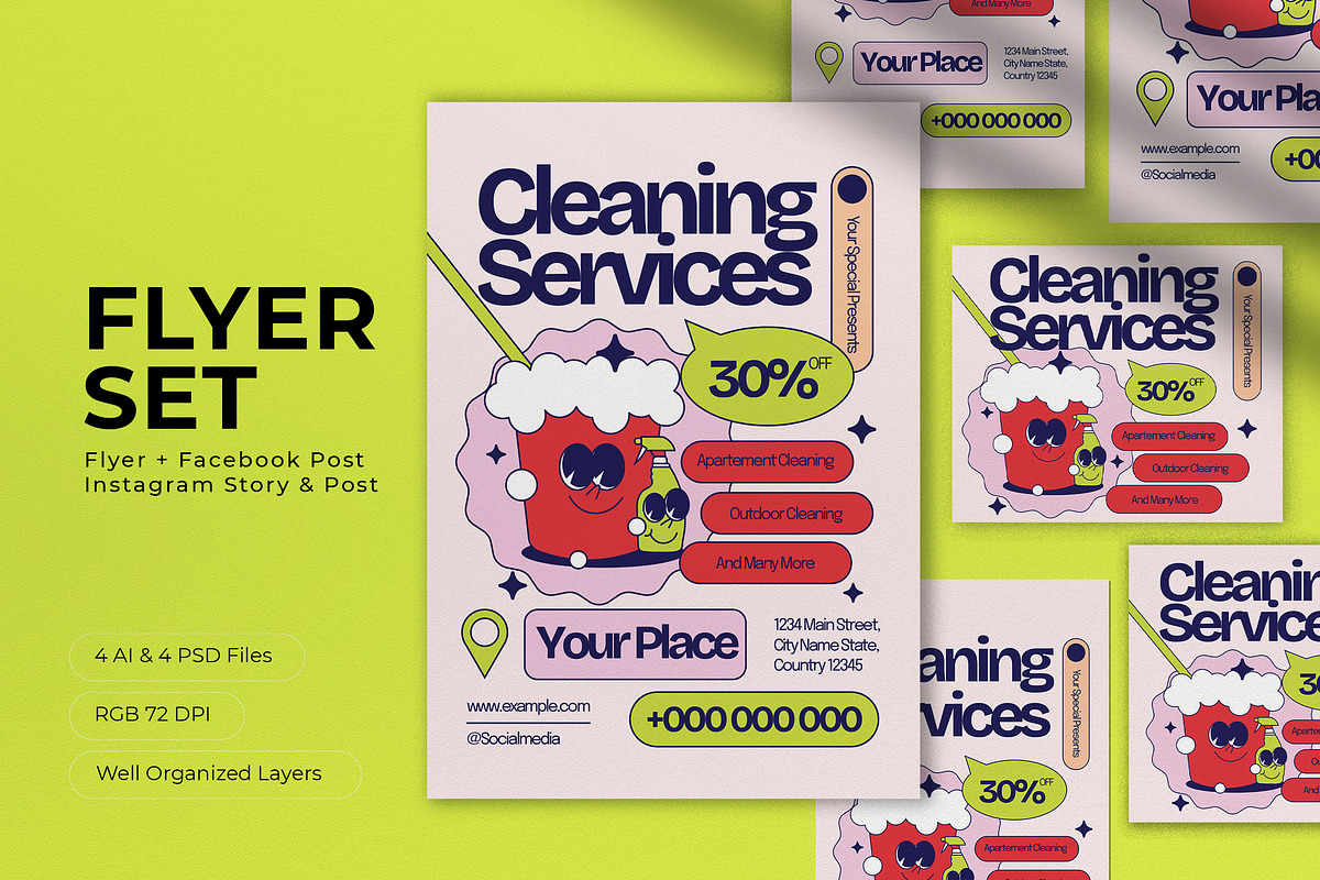 Retro Cartoon Cleaning Service Flyer, a Flyer Template by graphicook (Photo 1 of 4)