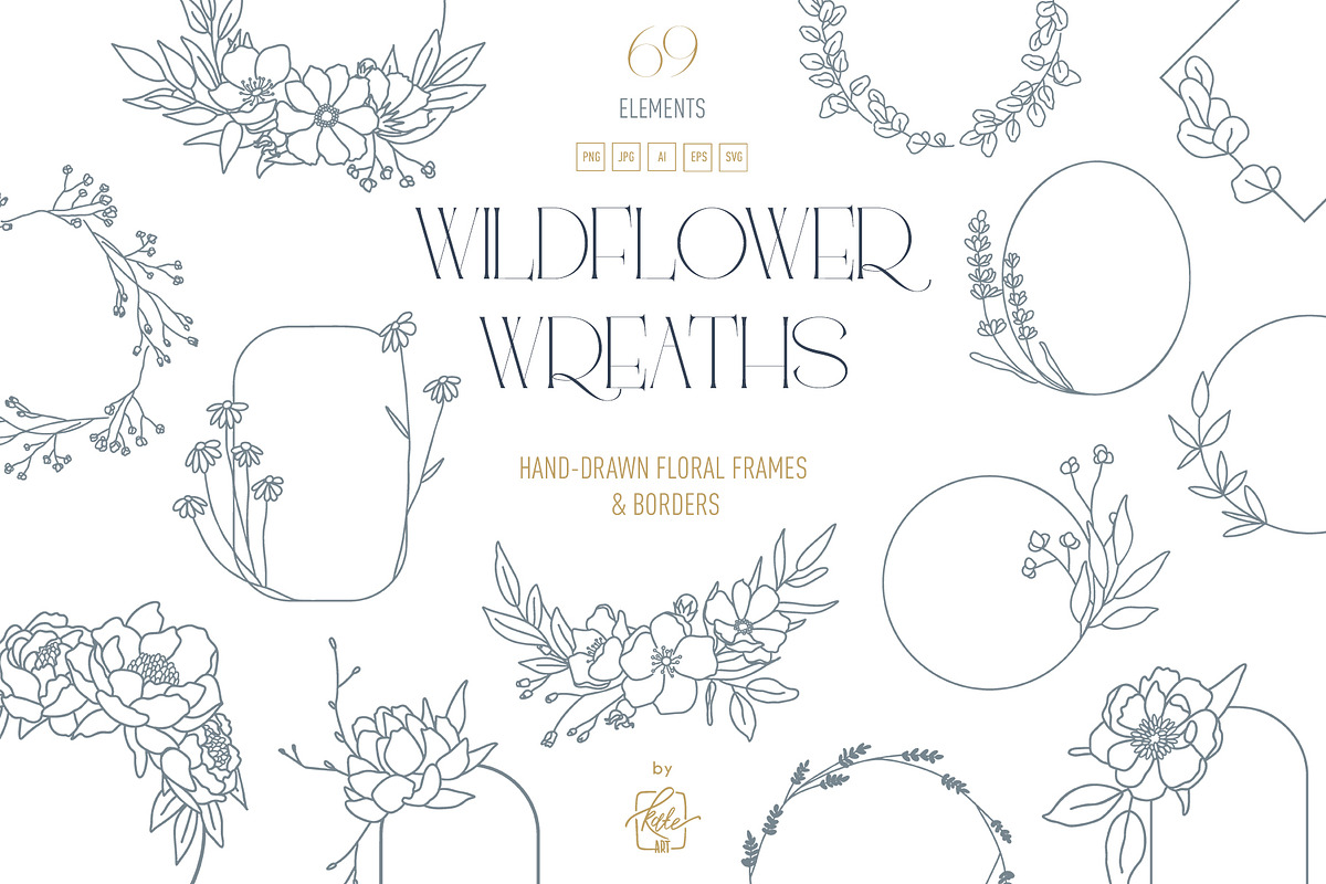 WILDFLOWER LINE-ART WREATHS, an Object Illustration by Kate Art (Photo 1 of 13)