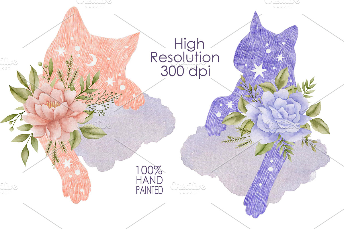 Watercolor Flowers & Cats collection, an Animal Illustration by Kira Konoshenko (Photo 6 of 20)