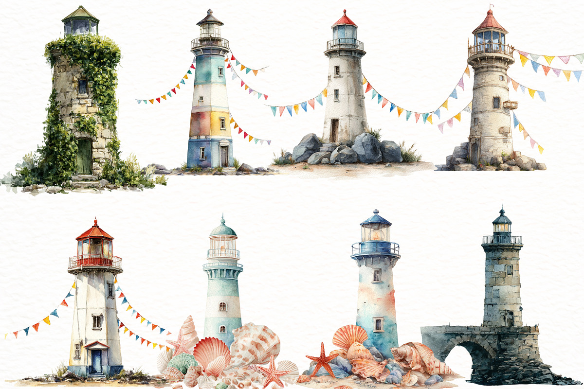 Watercolor Summer lighthouse clipart, an Illustration by Designworld (Photo 3 of 7)