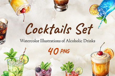 Watercolor Alcoholic Cocktails Set, a Food Illustration by Yuliya_Saveleva