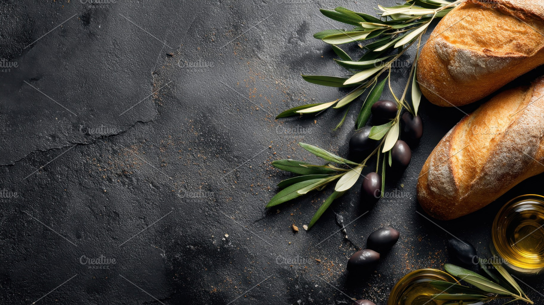 Fresh bread and olives on a table, a Photo by Beautiful things