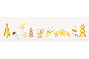 Christmas Icon Set, 3d Render. Gold