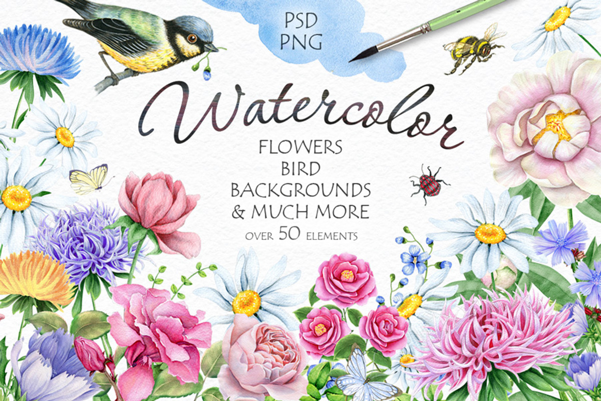 30% OFF! Watercolor Flowers and Bird, a Texture Illustration by Eva Katerina (Photo 1 of 8)