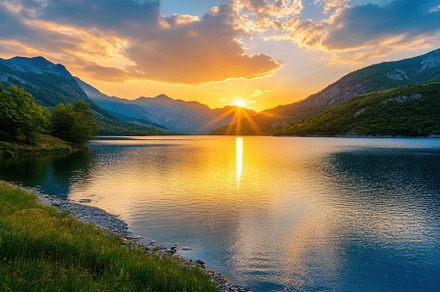 Sunset panorama over lake reflecting, a Photo by Iftikhar Alam