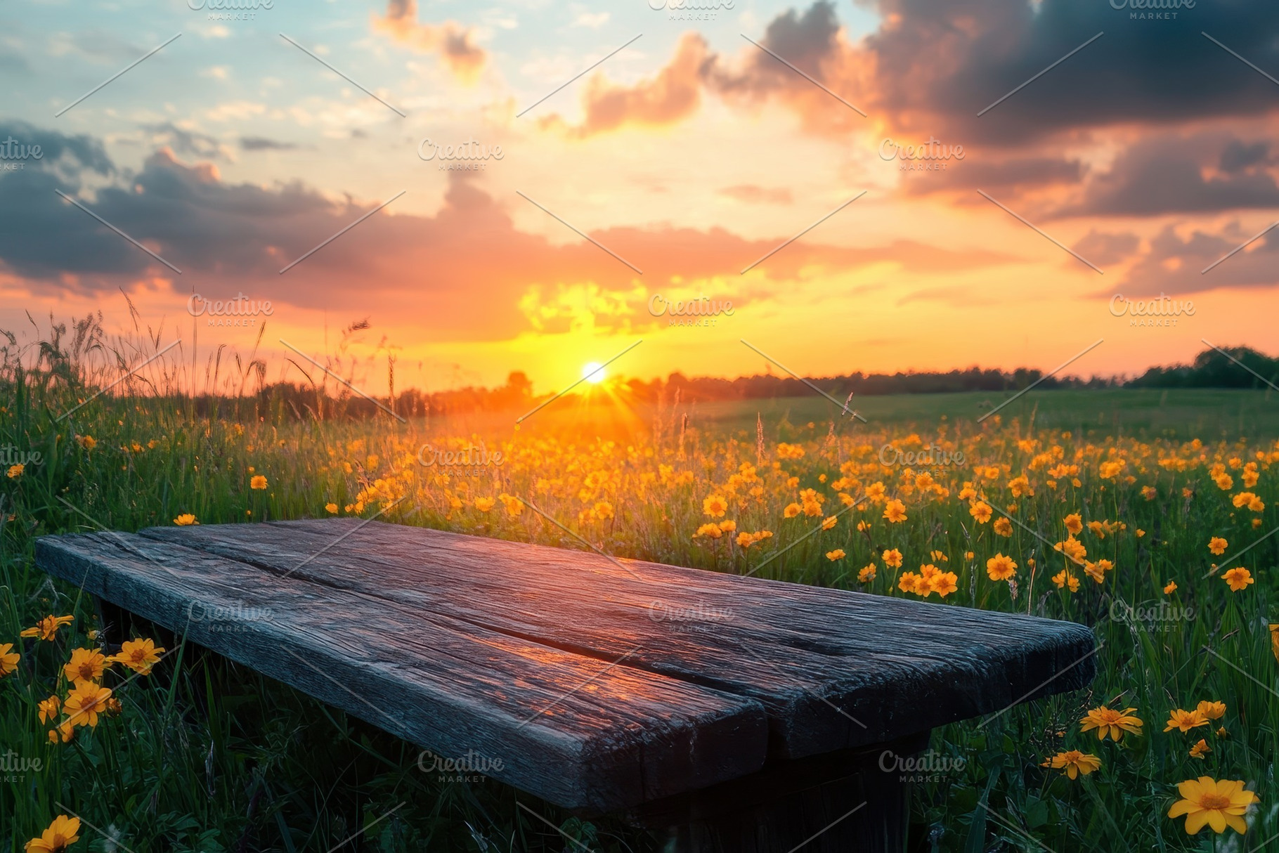 Vibrant sunset illuminating a meadow, a Photo by Pavel_design