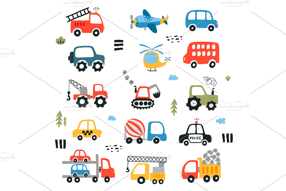 Set of different cute transport in, a Transportation Illustration by Nadzin