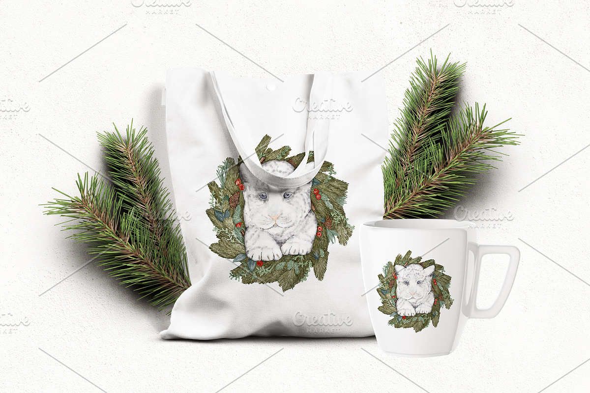 Tiger Christmas Wreath Watercolour, an Illustration by PawGraphic (Photo 9 of 12)