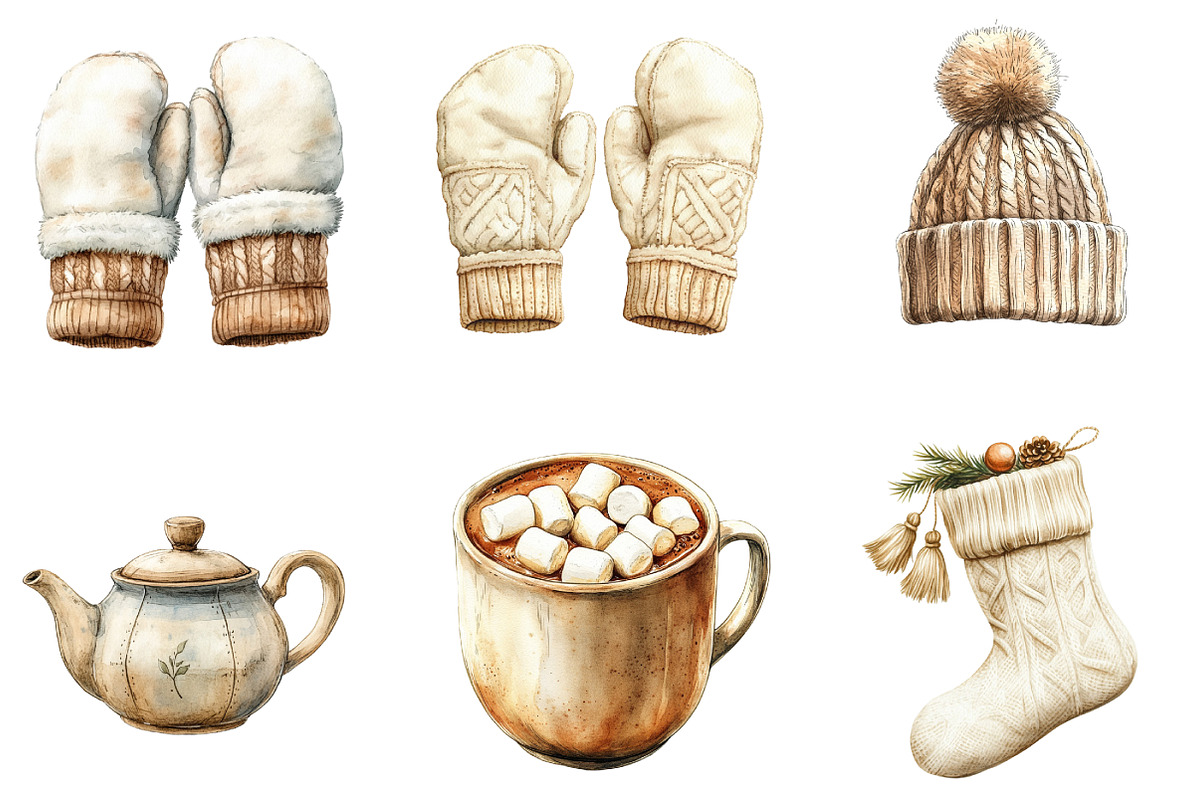 Watercolor Cozy Neutral Winter Clipa, an Illustration by DreamArtGraphic (Photo 2 of 5)