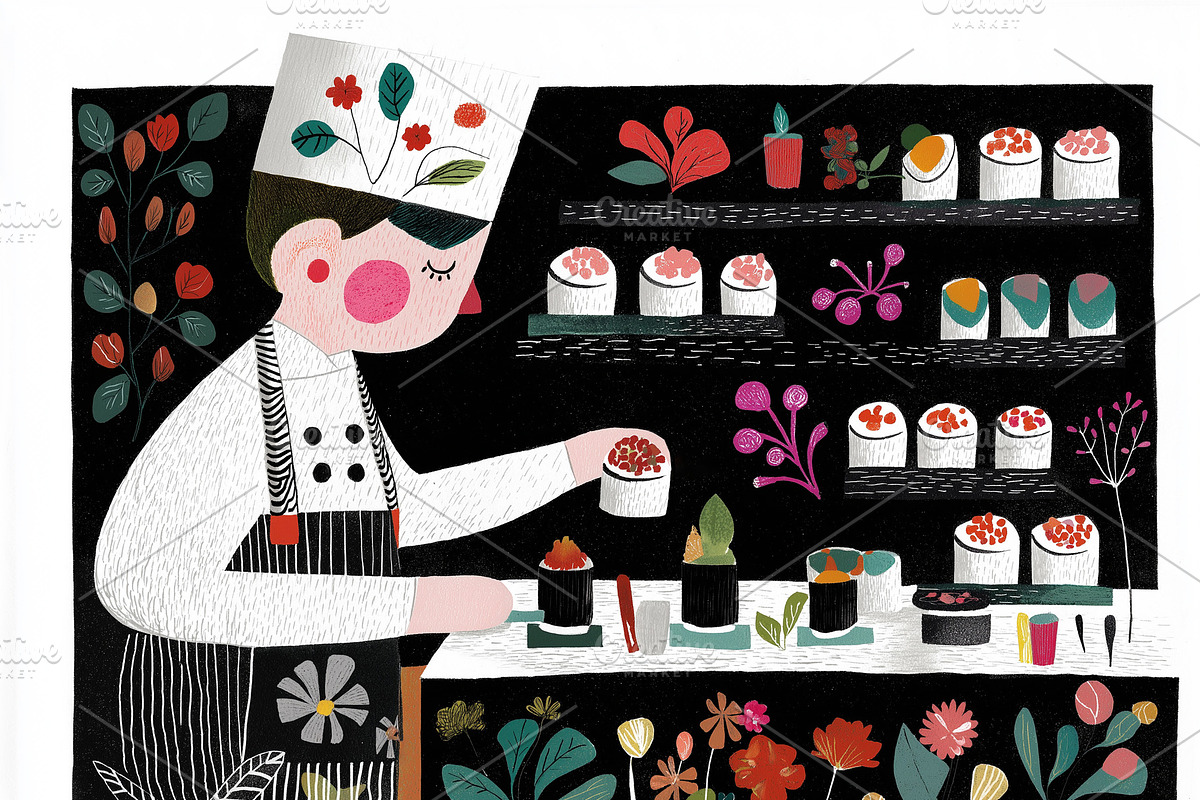 Chef making sushi in a restaurant, a Person Illustration by Sybillla