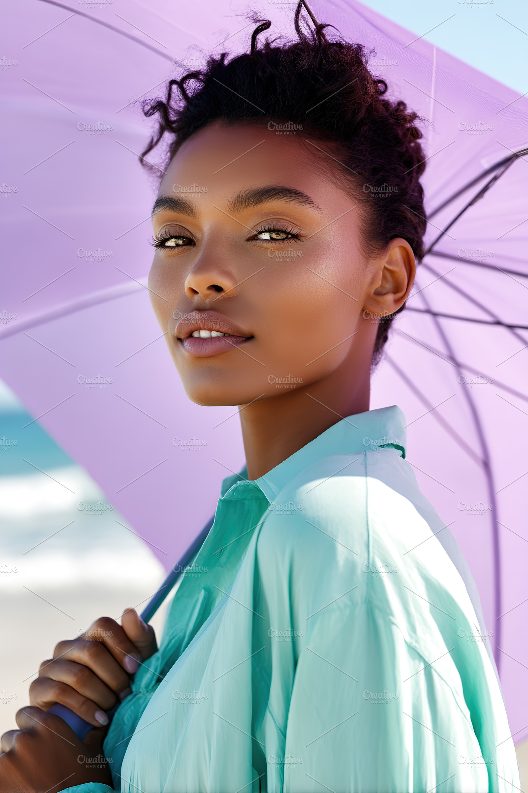 Young African woman enjoying a beach day with a mint shirt and a purple umbrell, a Person Photo by AlyaAnd