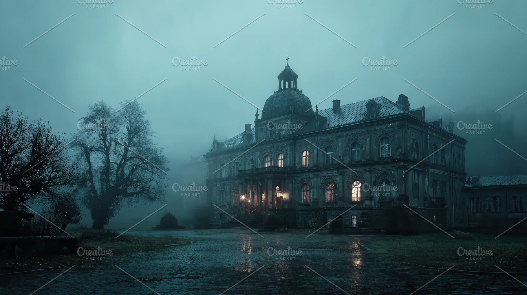 Mysterious Mansion Foggy Night Dark, a Photo by Pixeness Studio