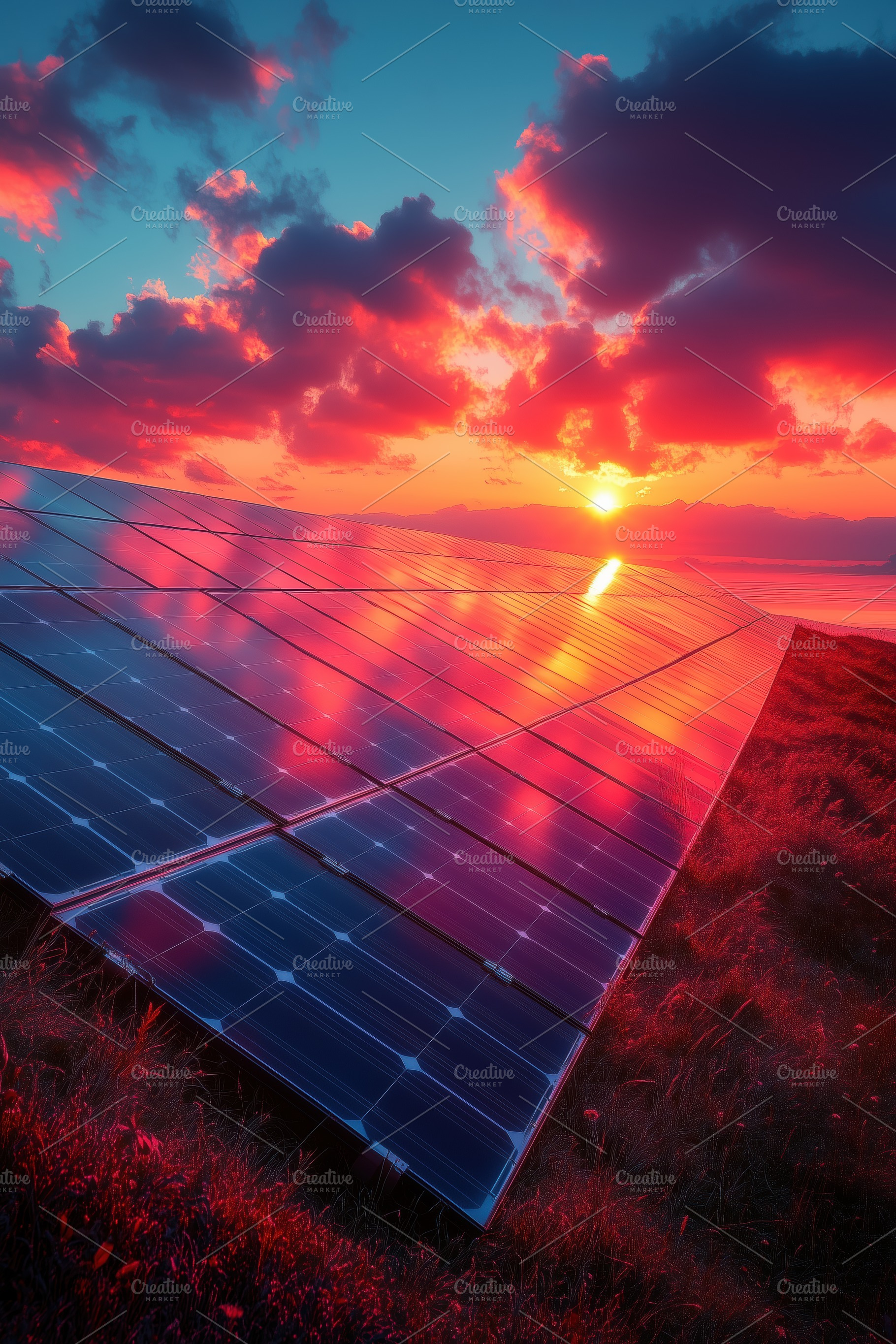 A vibrant sunset over a solar panel array, with colorful clouds reflecting the, a Technology Photo by Textures & Backgrounds