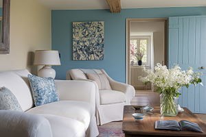 Rustic living room interior featuring white sofa, blue accent wall, wooden door, an Architecture Photo by Studio ANNA