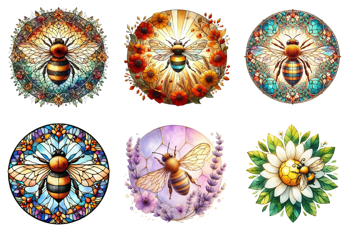 Bee with Flowers Round Stained Glass, an Illustration by DreamArtGraphic (Photo 2 of 4)