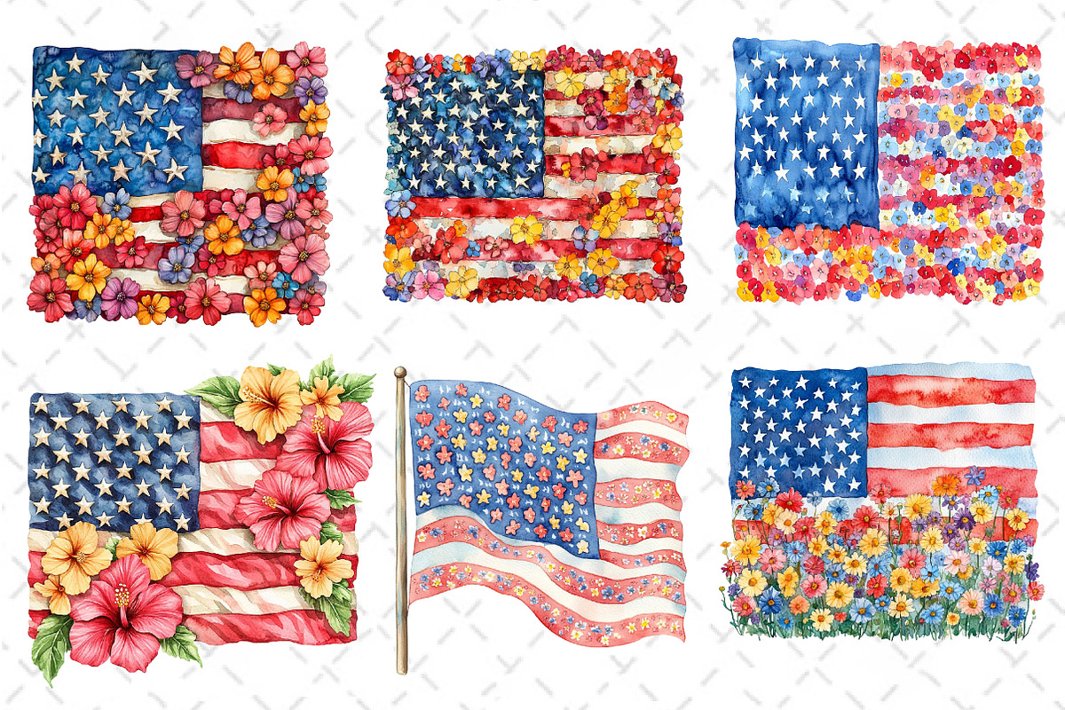 Floral American Flag Clipart, an Illustration by Dream Creation (Photo 3 of 6)