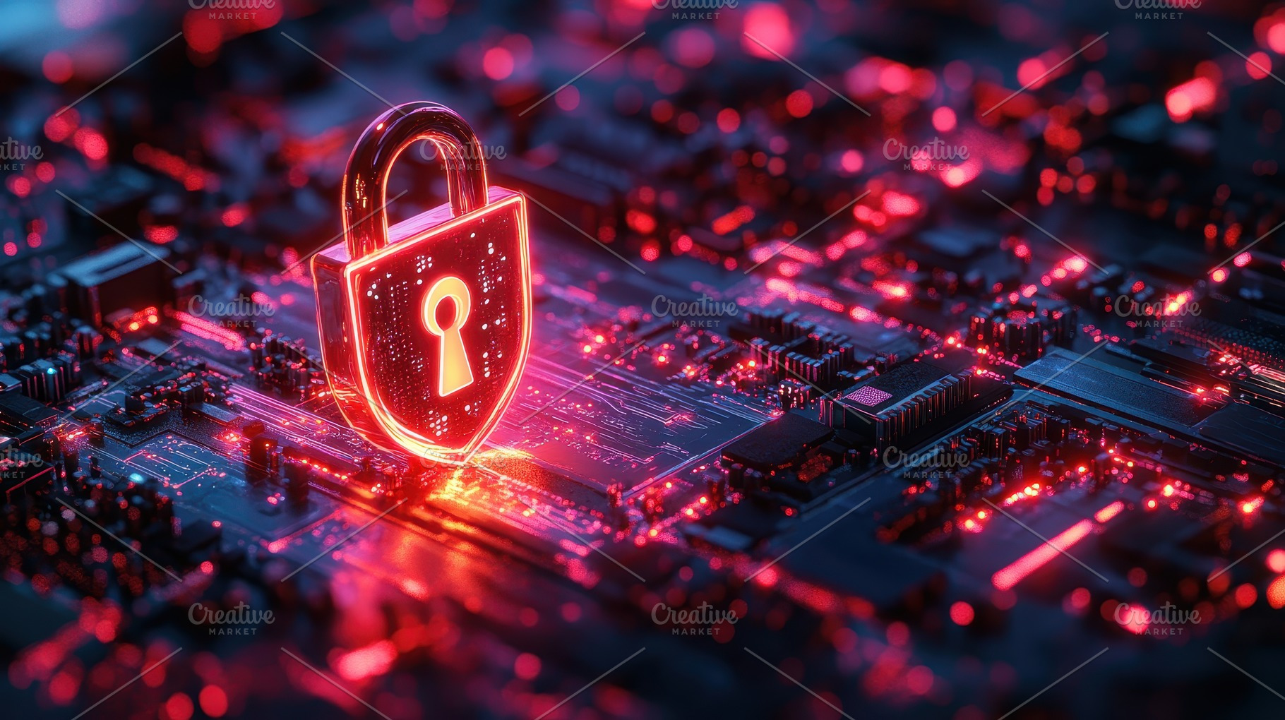 Cyber Security Digital Lock Red Neon, a Photo by Pixeness Studio