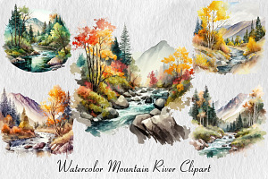 Watercolor Mountain River Landscape