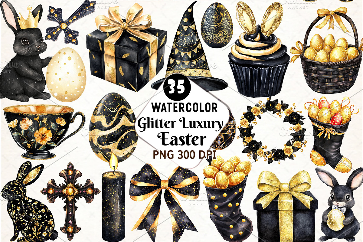 Glitter Luxury Black Easter Clipart, an Illustration by Watercolor design (Photo 1 of 4)