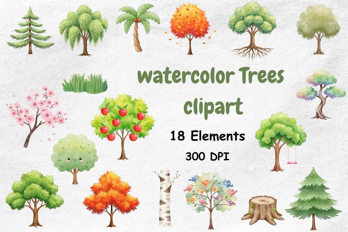 Watercolor Trees Clipart, a Decorative Illustration by BerryPieArt (Photo 1 of 4)